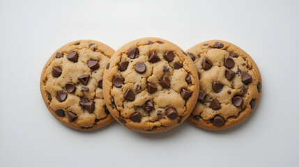 Fresh chocolate chip cookies isolated on white, from above