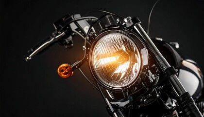 Close-up of a motorcycle's headlight, illuminated against a dark background