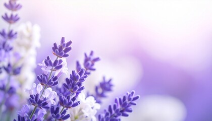 Fototapeta premium Close-up lavender flowers in bloom with soft blurred pastel background, tranquil natural light
