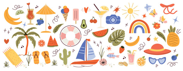 trendy, tropical fruits, dessert, summer element. naive, summer set, isolated shapes on a white background. minimalist, childish, naive style. for print, banner, social network, businesses. art vector