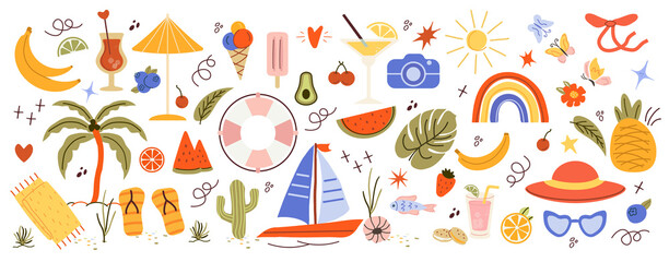 Summer, a set of trend elements: sun, pineapple, palm tree, dessert, ice cream, drinks. Fashionable modern art. Cartoon, minimalistic, abstract modern style. art template for summer banner. png