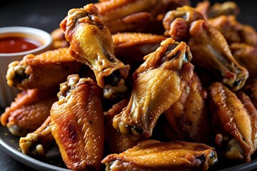 Close-up of spicy fried chicken wings piled high, crispy skin with visible seasoning, served with a side of dipping sauce, dark background, sharp texture details.