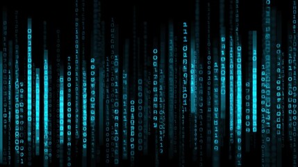 Digital data streams represented by glowing binary code on a dark background, reflecting modern technology and innovation.