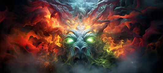 a light banyan monster , coming out of the smoke, generative AI