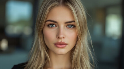 Fototapeta premium Ultra-Realistic Portrait of a Blonde Woman with Soft Blue Eyes in Natural Light