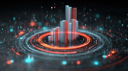 Futuristic data visualization with glowing bars and circles representing progress and analysis in a digital space.