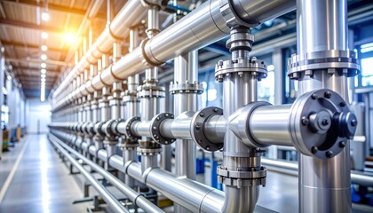 Industrial metal piping with valves and flanges, factory setting, complex fluid system