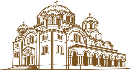 Fototapeta premium Elegant line art showcases a magnificent Serbian Orthodox Church, featuring iconic domes and crosses, ideal for projects on faith, culture, and history.