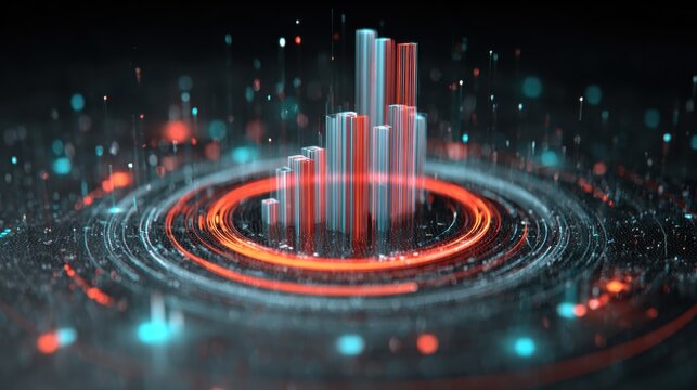 Futuristic data visualization with glowing bars and circles representing progress and analysis in a digital space.