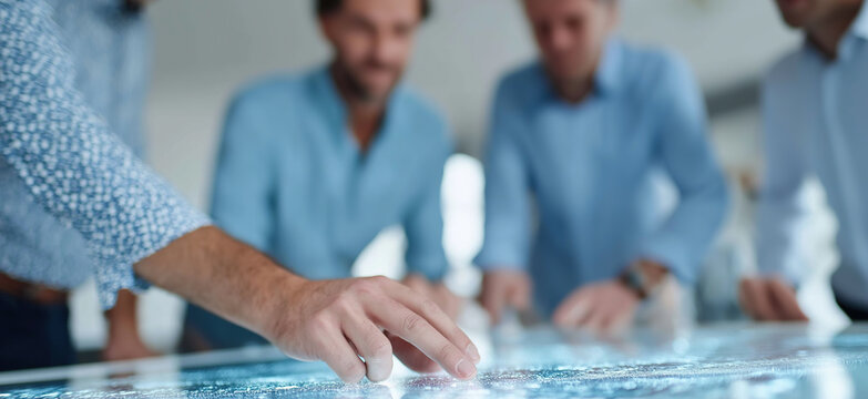 Professional business meeting features collaborative teamwork around modern conference table setting.
