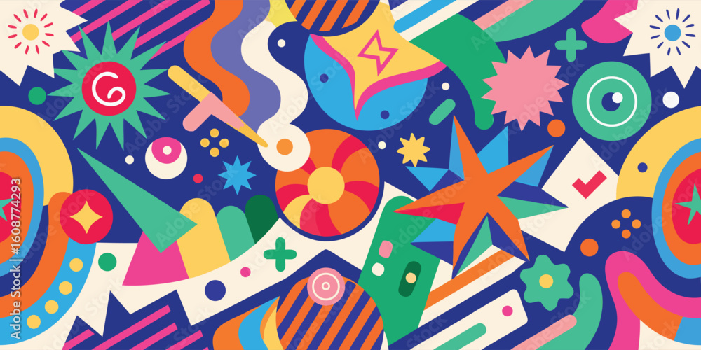 Poster bright and diverse pattern filled with various shapes and colors, offering a cheerful and engaging v