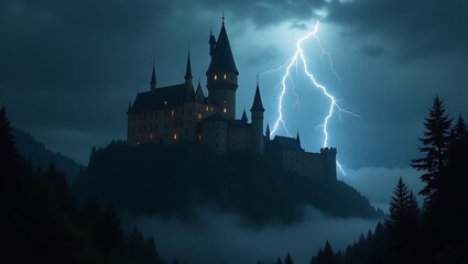  Mysterious Dark Castle on Hilltop Lit by Lightning in Stormy Night Halloween background