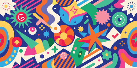 bright and diverse pattern filled with various shapes and colors, offering a cheerful and engaging visual experience..eps