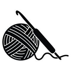 Black and white illustration of crochet hook and ball of yarn isolated on white