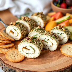 Creamy goat cheese logs rolled in fresh herbs and nuts, served on a rustic wooden board with crackers and slices of fruit