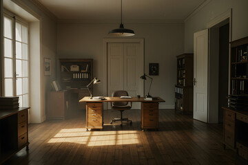 Classic Office Interior with Wooden Desk and Natural Light