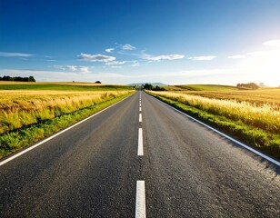 Naklejka premium Straight asphalt road stretches into a golden summer landscape under a vibrant blue sky