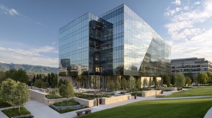 Obraz premium Modern glass office building surrounded by lush greenery and landscaped gardens, showcasing contemporary architecture.