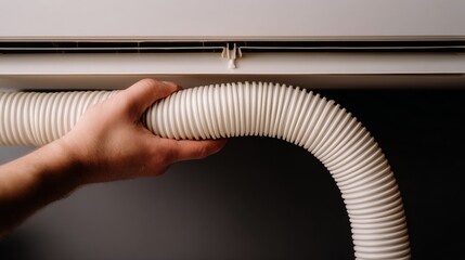 Hand adjusting condensate drain hose in hvac system maintenance scene