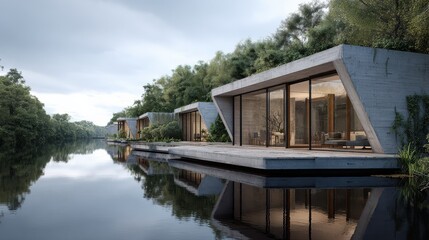 Obraz premium Modern houses with large windows beside a tranquil lake, showcasing contemporary architecture in a serene nature setting.