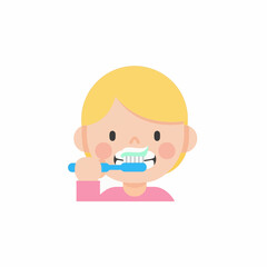 brushing teeth,"Flat 2D illustration of a child brushing teeth, in a clean minimalistic style, white plain background, soft pastel colors, simple and friendly design, no shadows, no textures, suitable