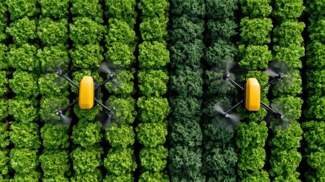 Aerial drone captures vibrant vegetable farm showcasing fresh lettuce and kale rows thriving in sustainable agriculture practices