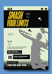 Badminton Tournament Flyer Design with Abstract Player and Shuttlecock Graphics