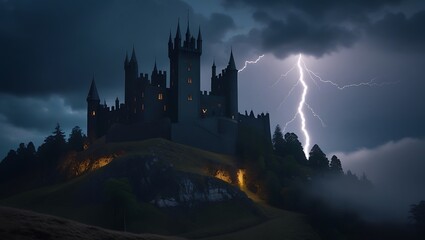  Mysterious Dark Castle on Hilltop Lit by Lightning in Stormy Night Halloween background
