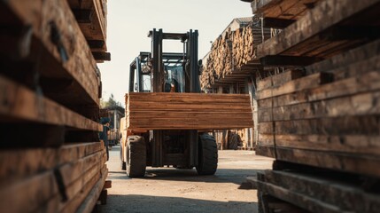 Fototapeta premium Forklift moving lumber in sunny outdoor setting for construction and industry use