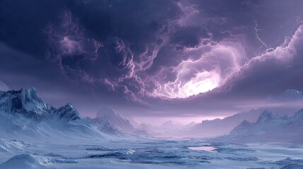 Fototapeta premium A dramatic scene of a purple stormy sky over a snowy mountainous landscape with ice and cold elements.