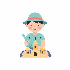 little boy playing with house