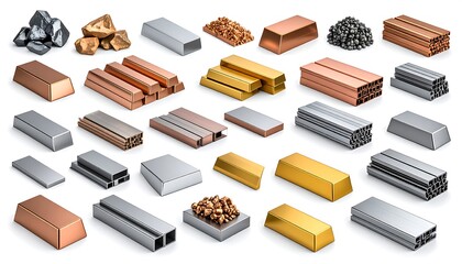 Assorted metal ingots, bars, and piles on white background