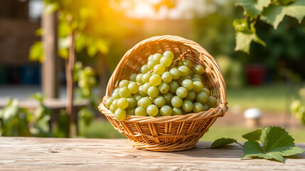 Green grape in Bamboo basket on wooden table in garden, Shine Muscat Grape with leaves in blur background