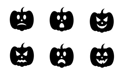 Black And White Halloween Pumpkin Face Icon Set Featuring Six Unique Expressions. Ideal For Coloring Pages, Stickers, Craft Projects, Invitations, And Printable Halloween Decorations.