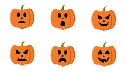 Vector Set Of Six Halloween Pumpkin Faces With Different Spooky, Funny, And Scary Expressions. Perfect For Party Invites, Stickers, Decor, And Seasonal Digital Content