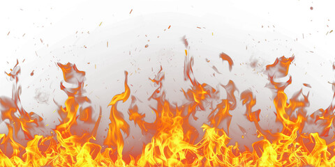 Flames burning with sparks on background. Realistic flames burning on transparent background. Energetic and dynamic flames and exploding sparks.