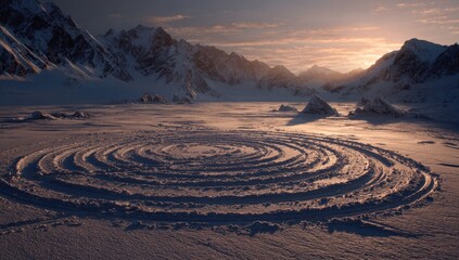 Winter wonderland; circular snow pattern amidst majestic mountains