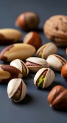 nuts pistachio walnut hazelnut on dark gray background vertical