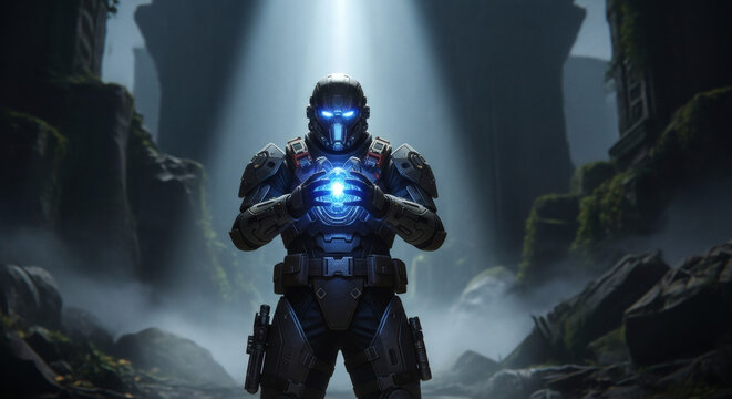 An armored soldier with glowing eyes holds a blue energy orb in a misty, rocky canyon under a beam of light.