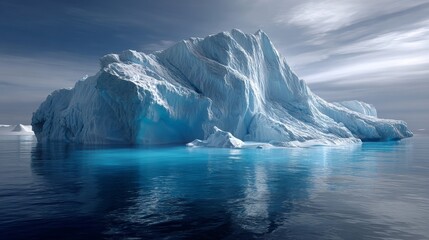 Fototapeta premium A large iceberg floats in the clear blue ocean under a cloudy sky, showcasing the beauty of nature's icy formation.