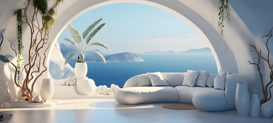 A white cave with a sea view, the interior decorated in a boho style with blue and green pastel colors, generative AI