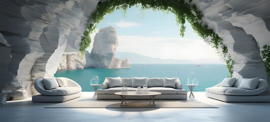 A white cave with a sea view, the interior decorated in a boho style with blue and green pastel colors, generative AI
