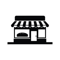 Minimalist bakery icon with awning and a bread display, clean design