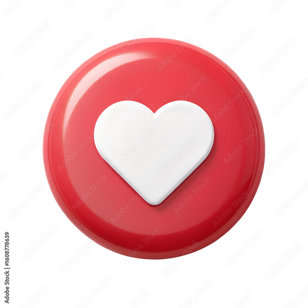 Poster a white heart symbol on a glossy red circular button isolated on transparent background