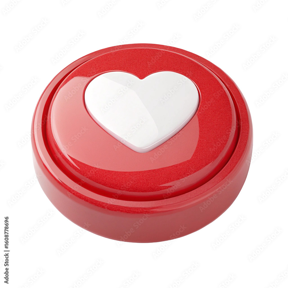 Poster red round button with a white heart symbol isolated on transparent background