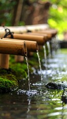 Water flowing from bamboo pipes in a garden