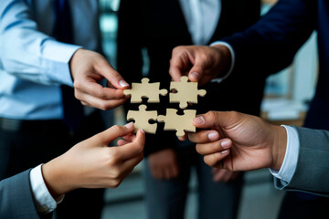 Business Teamwork Puzzle Concept – Hands Connecting Pieces for Collaboration and Unity. business people holding puzzle