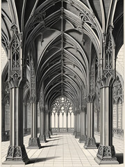 Gothic decorated arcade drawing. Stone ornamented triforium illustration.
