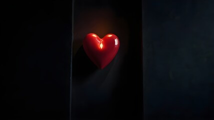 A shiny red heart with a glowing center stands out against a dark background, creating a sense of warmth and contrast.