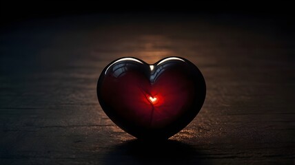 The image shows a shiny, dark red heart placed on a dimly lit surface. A small, glowing light is visible inside the heart, casting a warm, subtle reflection and creating a dramatic contrast